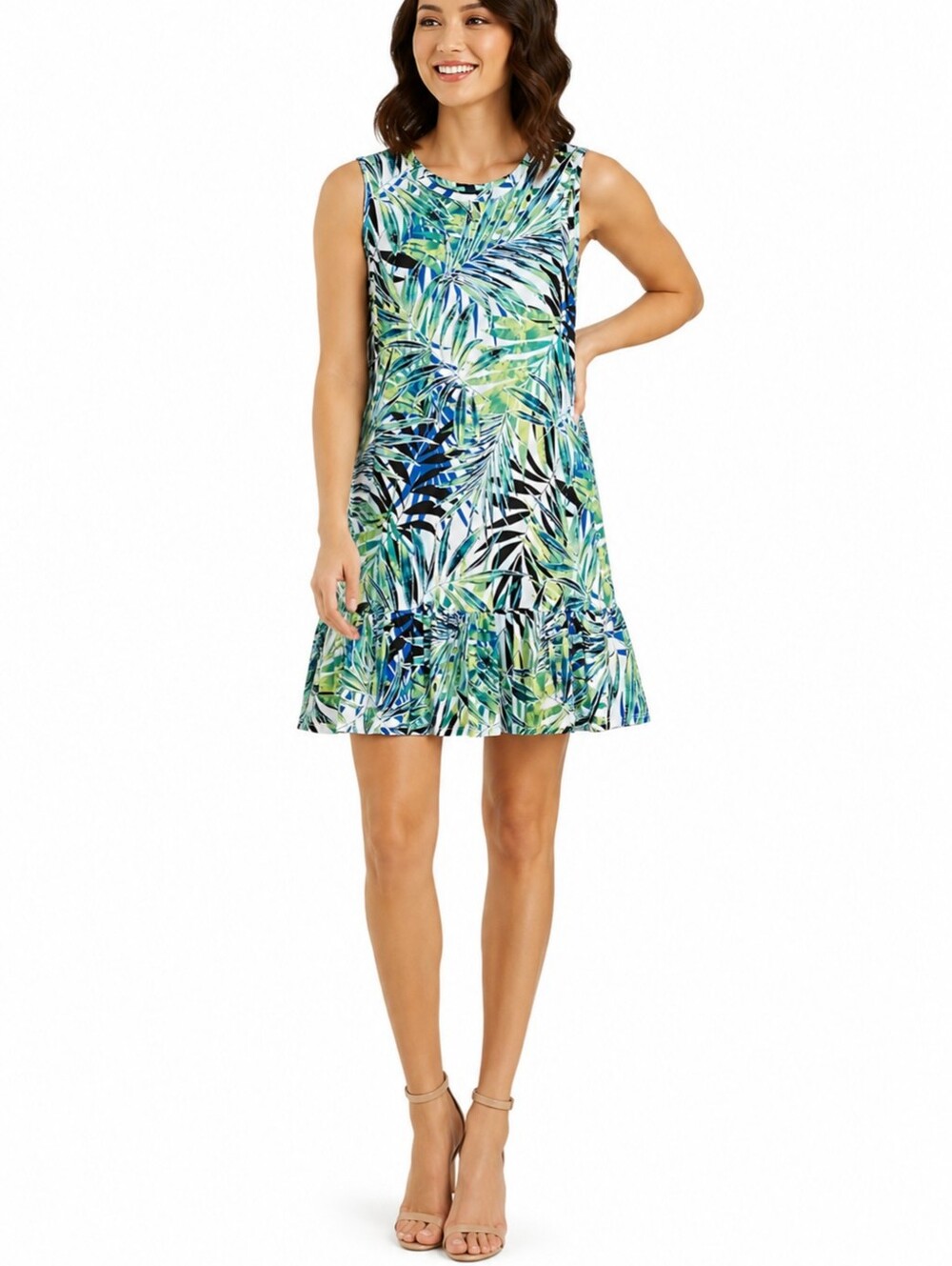 AGB Sleeveless Tropical Leaf Print Shift Dress XL Blue Green Ruffle Hem Stretch